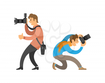 Photographers making photos with digital cameras. Man carrying case for device, guy taking bottom angle to make picture vector illustrations set.