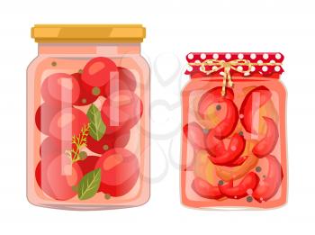 Tomato and chili pepper pickled salty food set. Vegetables in brine inside jars with greenery or spices. Canned healthy products vector illustration.