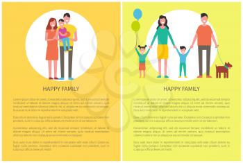 Happy family children posters with text and isolated mother and father with kids. Woman and man holding hands of child. Mom and dad with son vector