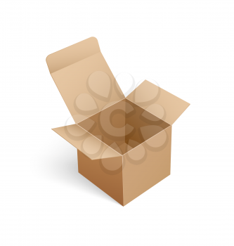 Open carton box of square shape in 3D isometric design. Package icon fir parcels transportation, pack for delivering goods, vector mockup of packing