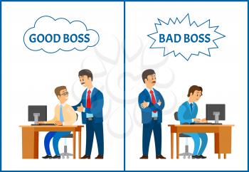 Good and bad boss, comparing attitude to employee. Leader supervising new office worker vector. Encouragement of colleague and showing irritation