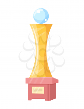 Award on pedestal vector icon isolated on white. Concave cylinder statuette with shiny ball on top and label on stand, rewarding in cartoon style