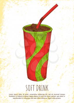Soft drink in colorful cardboard cup vector card, illustration of cold liquid with ice, red flexible straw for beverage drinking, tasty brown soda