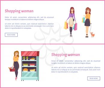 Shopping woman making purchases with friend, holding pet on dog-collar. Female in grocery shop buying vegetables and greens vector web pages templates