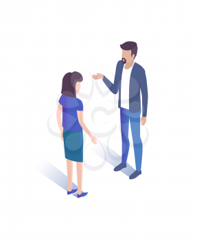 Man and woman talking together vector illustration 3D isometric characters. Managers discussion important changes on cryptocurrency aspects vector