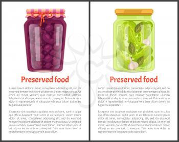 Preserved food banners set with plum and cucumber in jars. Fruits or vegetables inside containers, sweet compote, salty marinade vector illustrations.