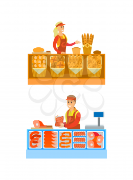 Supermarket stores department bakery set vector. Woman selling baked production, bread and buns. Man with sausages and beef, pork meat on shelves