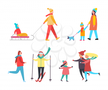 Skating and skiing people wintertime activity vector. Family with mother, father and child having fun outdoors. Kid sitting on sled, woman walking dog