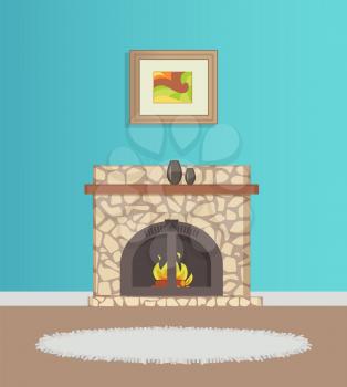 Flat with blue wallpaper and picture on wall, fireplace with burning firewood decorated with vase, grey rug on floor. Modern interior of room vector