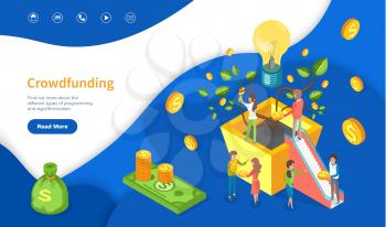 New business or startup crowdfunding web page vector. Inventors and developers, light bulb and plant with coins abstract concept, money investment. Website or webpage template landing page in flat