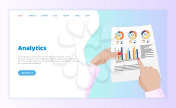 Analytics business data information on paper page vector. Person holding document with public info about results of projects, pie graphs charts infocharts. Website or webpage template landing page in flat