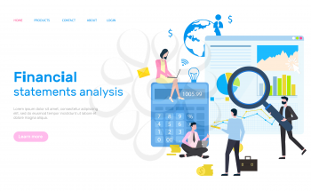 Financial statement analysis, people working, website vector. Workers dealing with finance and assets of firm, magnifying glass and statistics conduction. Webpage template landing page in flat