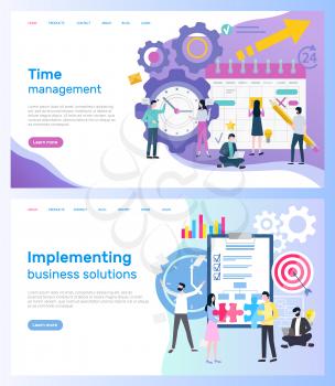 Time management and implementing business solutions vector. Calendar and clock, organizer and notepad, target with arrow male and female entrepreneurs. Website or webpage template landing page in flat
