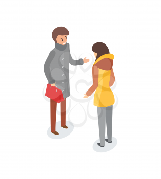 Man and woman talking outdoors, discussion of couple vector. Male and female outside, wearing winter clothes, jackets and trousers. People wintertime