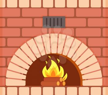 Fireplace with fire burning inside brick arch, vector closeup. Decoration of home interior and furniture helping to warm up in winter, wooden fuel flame