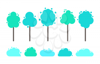 Green and blue trees with splash and dots, vector isolated abstract trees and bushes. Cartoon style plants, elements of wood or forest, organic nature greenery