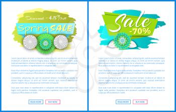 Spring sale forty five percent off, total discounts till 70 , vector web posters set with blooming flowers on promo labels. Template of online page or site