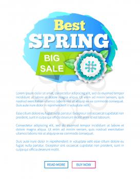 Best spring big sale discounts on products vector web poster. Flora blooming, promotional text and flower with petals and leaves, springtime leaflet