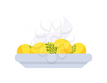 Warm potatoes on plate, holiday dish in flat style isolated on white. Yellow boiled food with parsley vector icon. Traditional cooked meal with greens