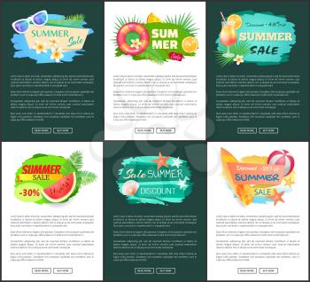 Summer discount and sale banner vector set. Watermelon cocktail with orange slice. Surfing board and ball for playing beach games, seashell and star