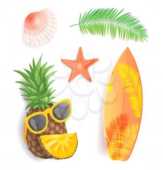 Summer time isolated icons set closeup vector. Seashell and starfish, surfing board with leaves print. Pineapple fruit with sunglasses, exotic foliage