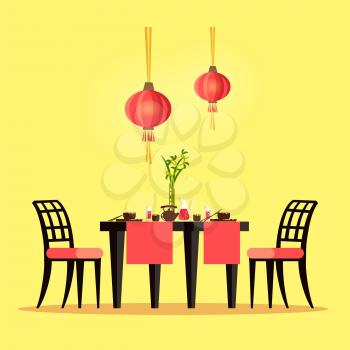 Restaurant table Chinese style interior of cafe vector. Place to eat, tableware with paper red lanterns and vase on desk with plants as decoration