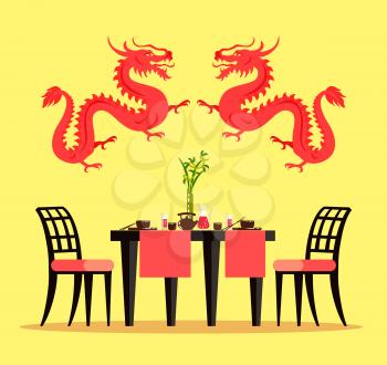 Chinese restaurant furniture and interior design vector. Table setting and chairs, dragons, bowls with chopsticks and teapot, cups and lemonade, bamboo