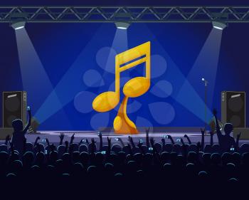 Performance on stage vector, best singer golden award. Musical concert with fans crowd shouting, spotlights and gold prize in shape of note on pedestal