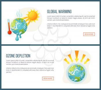 Global warming vector, environmental problems and issues on planet, sunshine and thermometer, ozone depletion, heat and arrows attack set. Website landing page flat style. Concept for Earth day