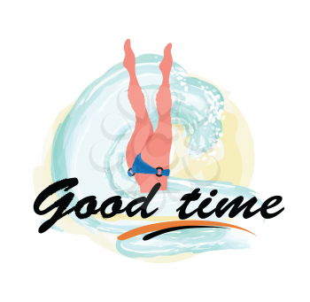Good time, woman diving legs up, diver in bikini suit in blue sea waters isolated label. Vector girl snorkeling, beautiful feets above head, person relaxing