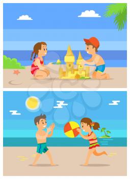 Children playing volleyball vector, boy and girl building sand castle and talking. Kids on summer vacation spending time by seaside, ball game summertime