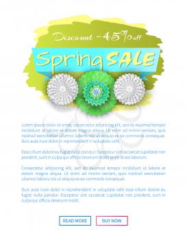 Spring sale discount 45 percent lower price vector. Origami flowers in bloom, blossom and special propositions of markets offer, web poster with text