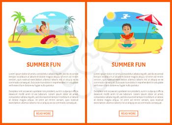 Girl jumping in water with hands up in inflatable circle. Boy eating watermelon, sitting teenager, character with full cheeks. Summer fun poster vector