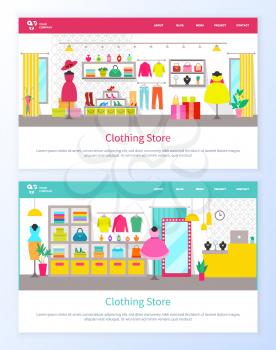 Clothing stores vector, shops with dresses and sweaters, perfumes and shoes, mirror and changing room, products for women beauty info set. Website or webpage template, landing page flat style