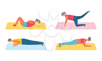 Young man and woman performing exercises on mat, side view of people in sportswear, flat design of human exercising isolated on white, pumping vector