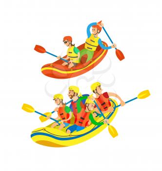 People sitting in boat vector, isolated teams competing in water sports extreme hobbies rafting and canoeing male and female set, sportswoman and sportsman