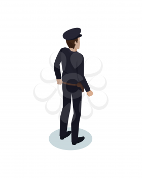 Police officer worker icon closeup. Back view of cop wearing uniform. Policeman with badge protecting people from crime strongman isolated on vector