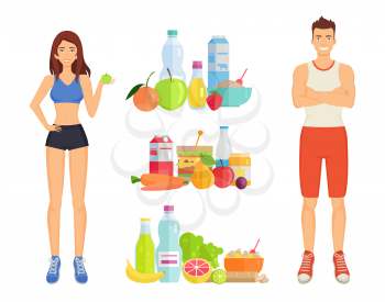Healthy food woman and man with meals. Isolated icons set of vegetables, fruits and liquids. Proteins and carbohydrates consumption of people vector