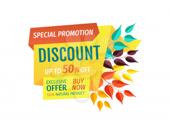Discount special promotion emblem with fall leaves on branches. Half price off, exclusive offer logo only for autumn vector illustration isolated.