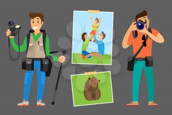 Photographers with digital cameras and photographs set. Guy holding tripod, setting lens, family on lawn, grizzly bear at meadow vector illustration.