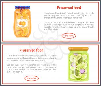 Preserved food banners with oranges and cucumbers. Vegetable in marinade, sweet fruit jam inside jar, text on web poster vector illustrations set.