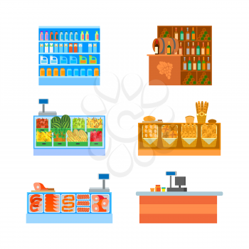 Supermarket business counters and shelves with products set vector. Grocery and winery, bakery and butchers department. Cashier desk with monitor