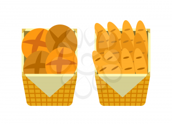 Bread and buns in wicker baskets, showcase of bakery sellers shop vector. Isolated icons flat style, baked products, food of wheat flour counter stall