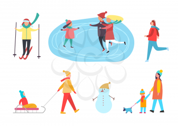 Winter activities, people skiing and skating on rink vector. Kid sitting on sledges, man jogging, mother child walking dog pet. Active family pastime