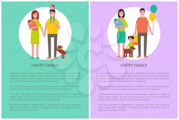 Happy family poster togetherness and love concept. Mother, father children and pet in circles, banner with text sample. Newborn infants and air balloons