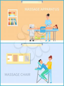 Massage on apparatus and special machine chair vector posters in circle. Masseuse woman making relaxing procedure using electronic device in spa cabinet