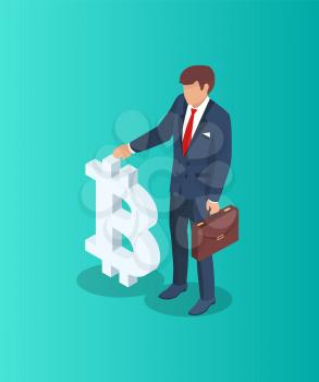 Businessman with bitcoin sign isolated isometric 3d. Successful man with briefcase owner of cryptocurrency. Rich wealthy male in formal suit vector