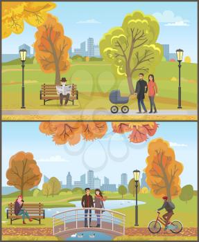 Couple with pram, autumn city park with trees and foliage set vector. Bridge and lake with swans, feeding birds. Old male reading newspaper on bench