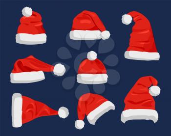 Hat of Santa Claus in red color, traditional costume element for winter character, cap with fur, vector illustration isolated on blue background.