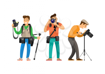 Photographer freelance men taking pictures, vector characters with modern digital cameras equipment. Paparazzi journalist making photos isolated